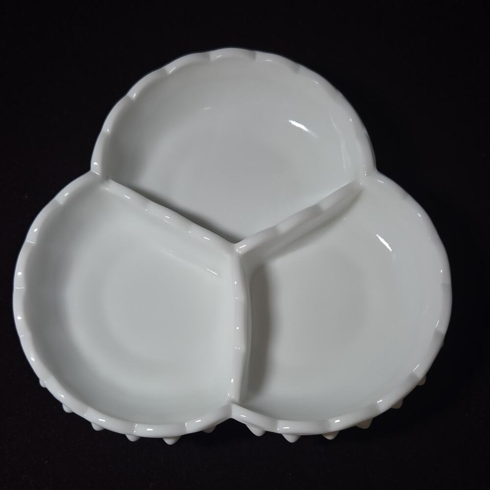 Vintage Fenton White Milk Glass Hobnail 3 Section Divided Relish Candy Nut Dish